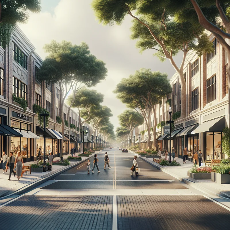 Westhills Towne Centre street level view showing walkable retail in Signal Hill