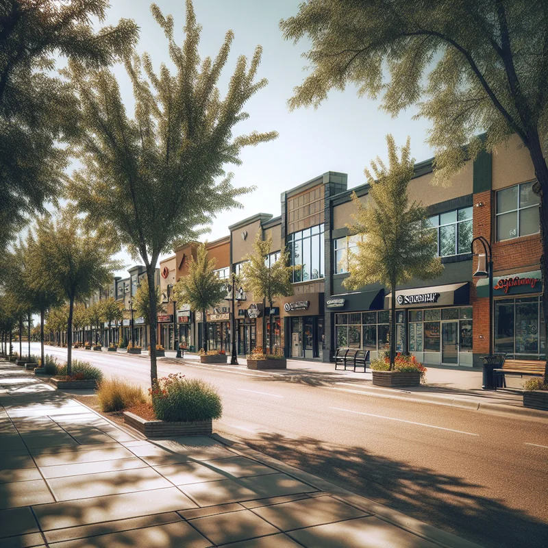 Westhills Towne Centre street level showing walkable retail frontage and mature streetscape in Signal Hill