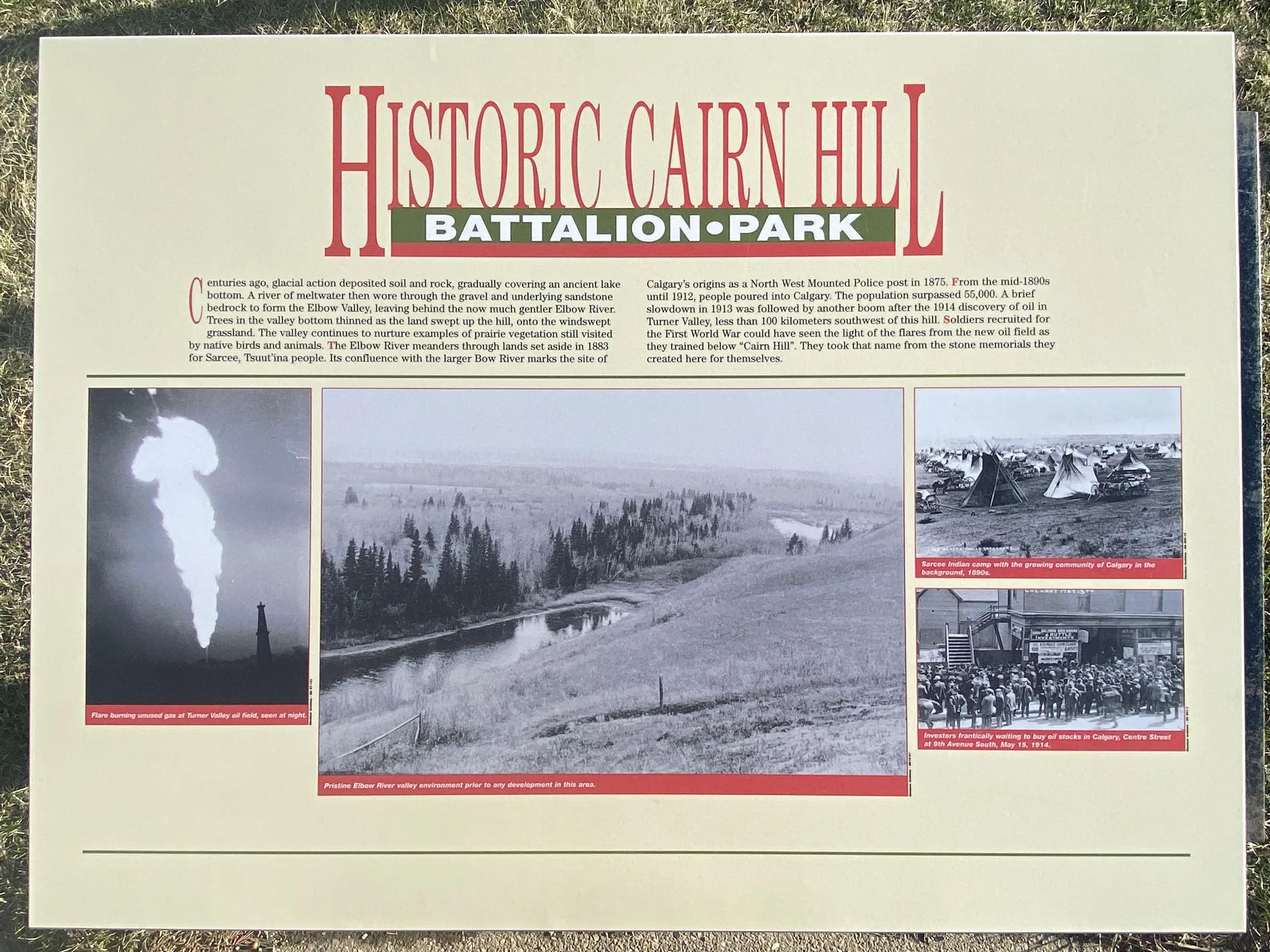 Historic Cairn Hill interpretive sign at Battalion Park in Signal Hill Calgary showing the history of the area with archival photos