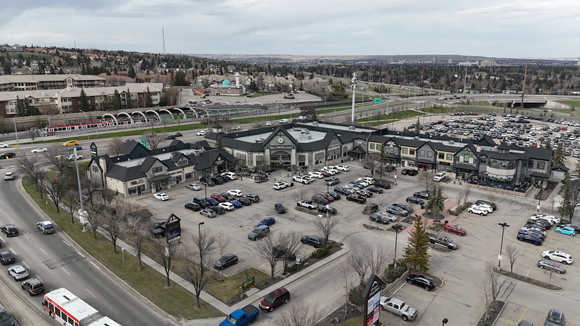 Aerial view of Signal Hill neighbourhood showing West Market Square and Sirocco CTrain station in the background