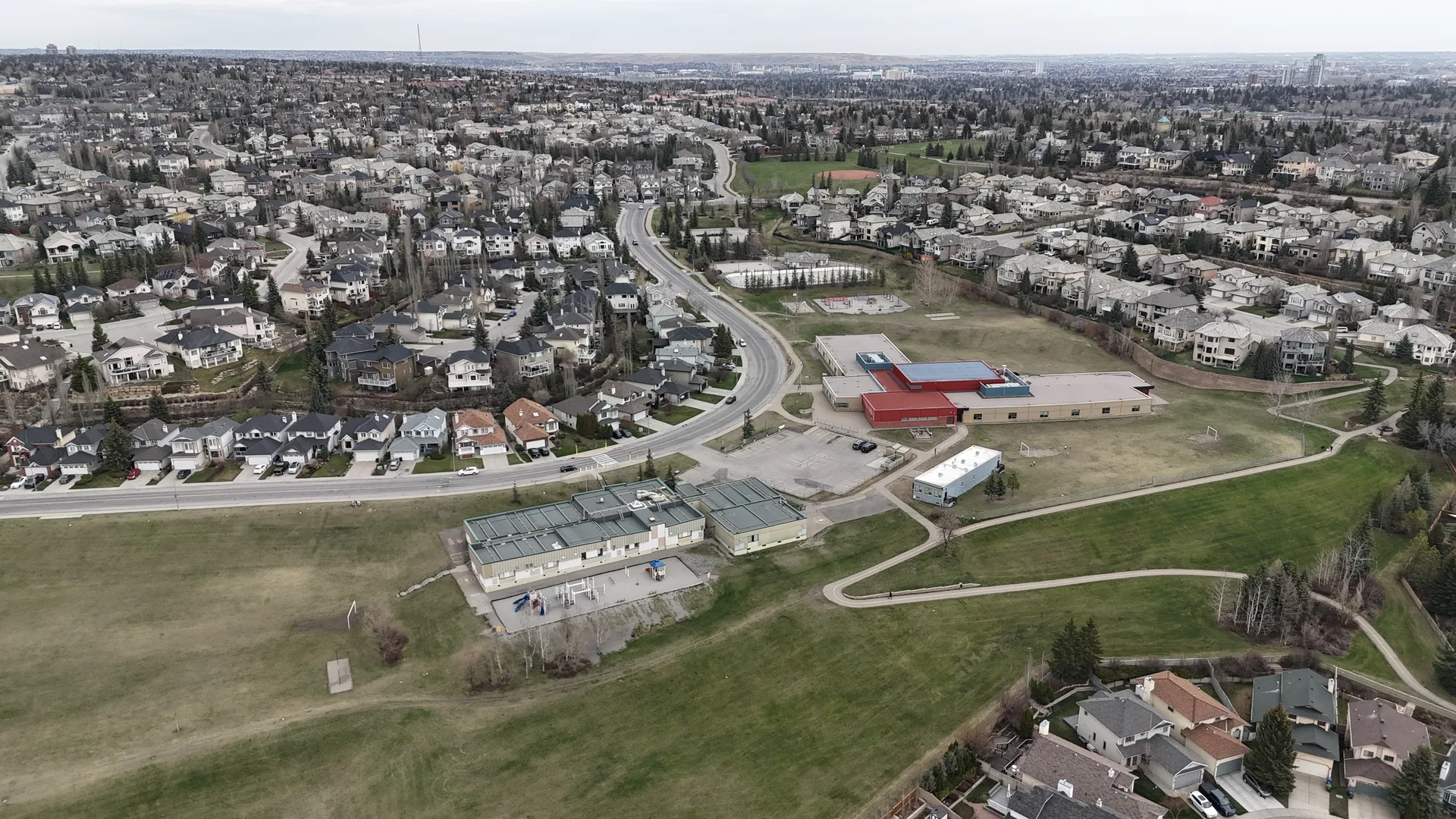 Aerial drone view of Signal Hill Calgary neighbourhood and surrounding community