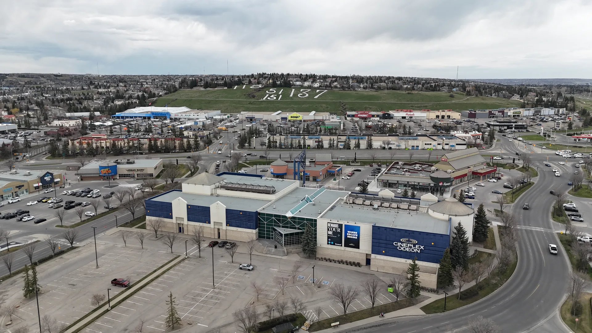 Aerial drone view of Westhills Towne Centre and surrounding Signal Hill neighbourhood