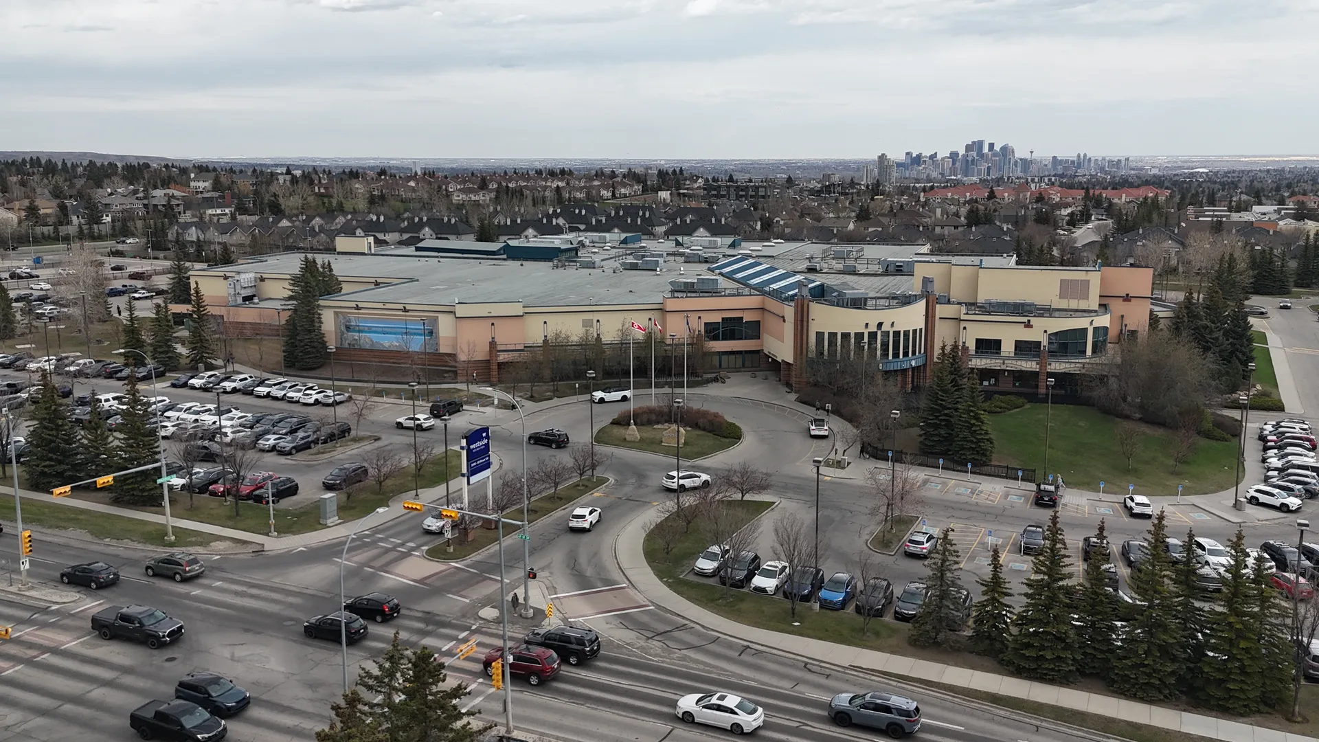 Aerial drone view of Westside Recreation Centre in Signal Hill Calgary